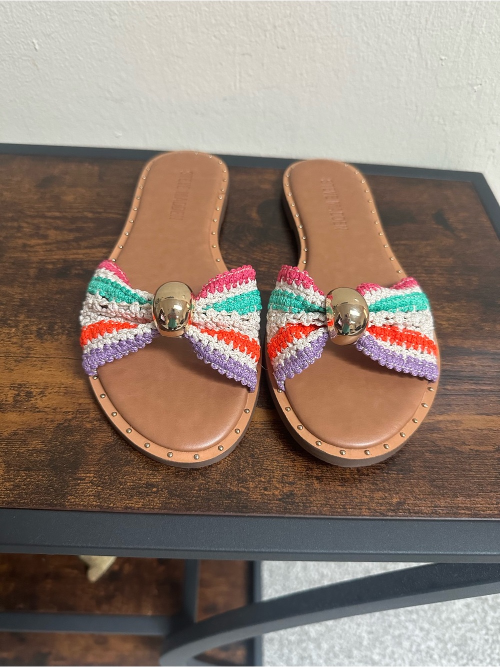 Steve Madden Multicolor Crochet Slide Sandals with Tan Footbed - Picture 2 of 6